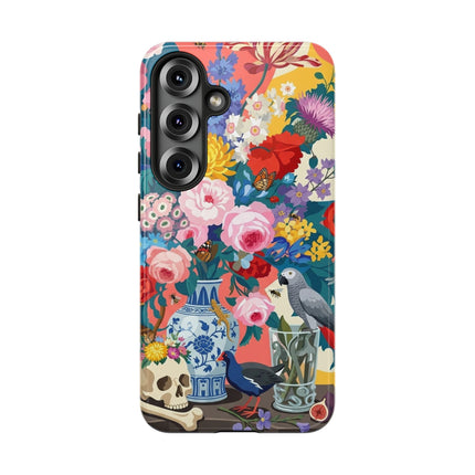 Floral Vanitas Phone Case – Parrot & Porcelain Splendor