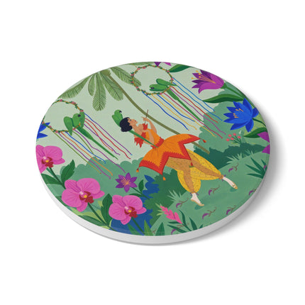 🦜🌺 The Parrot Dancer Ceramic Coaster – Art Deco Tropical Whimsy