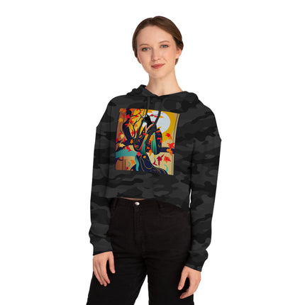 Black Cat in Kimono Women’s Cropped Hooded Sweatshirt