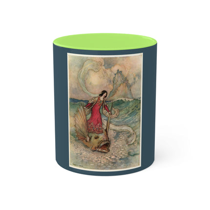 Rita Rides on the Dolphin by Warwick Goble Colorful Mugs, 11oz
