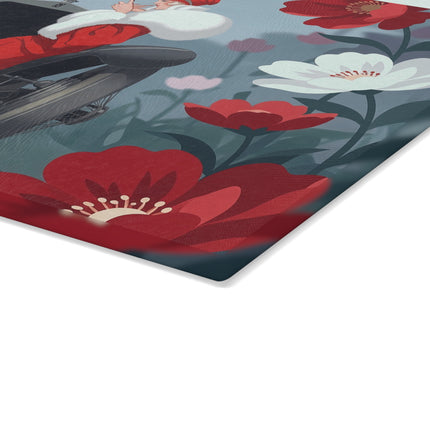 🚗🌺 The Lady Of The Scarlet Roadster Glass Cutting Board – Art Deco Motoring Elegance