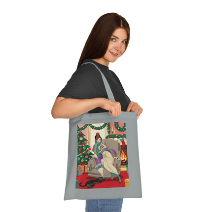 🔥🎄 The Lady Of The Christmas Hearth Cotton Tote Bag – Art Deco Holiday Warmth