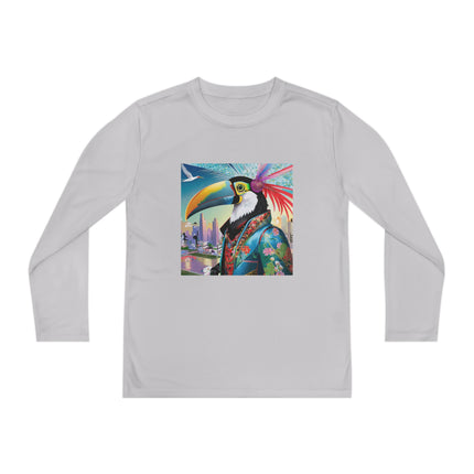 Cyber Toucan Chic Youth Long Sleeve Competitor Tee – Neon Feathers & Futuristic Style