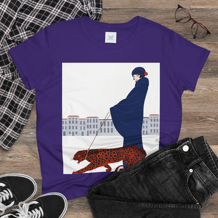 🐆🖤 The Lady With The Leopard Cotton Tee – Art Deco Fashion Illustration