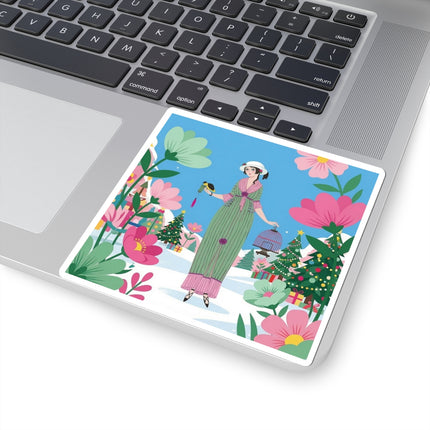 🐦🎄 The Lady Of The Christmas Songbird Kiss-Cut Sticker – Art Deco Holiday Fantasy
