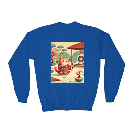 Archer Kitten in the Zen Garden Youth Crewneck Sweatshirt – Focus, Calm & Playful Precision