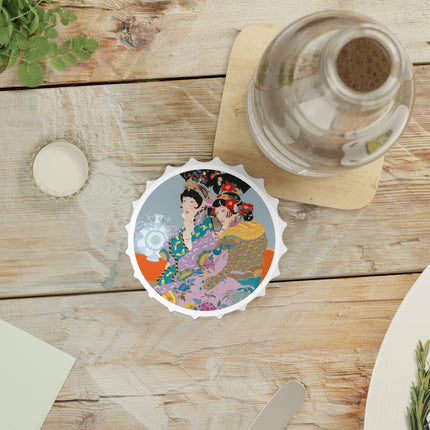 Two Geishas in Peacock Kimonos Bottle Opener – Timeless Elegance & Sisterly Grace