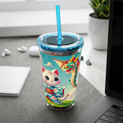 Geisha Kitten and the Dragon Kite Sunsplash Tumbler with Straw, 16oz