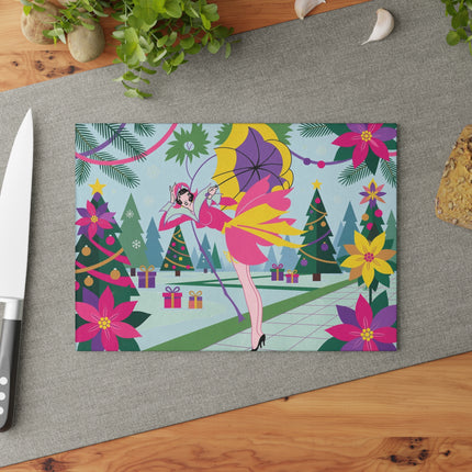 🌂✨ The Lady Of The Enchanted Christmas Garden Glass Cutting Board – Art Deco Holiday Fantasy