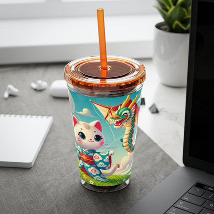 Geisha Kitten and the Dragon Kite Sunsplash Tumbler with Straw, 16oz
