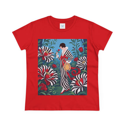 ❤️🌹 The Scarlet Striped Garden Cotton Tee – Art Deco Fashion Illustration