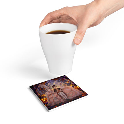 🎃🌙 The Midnight Court Of Pumpkin Grove Ceramic Coaster – Elegant Halloween Masquerade