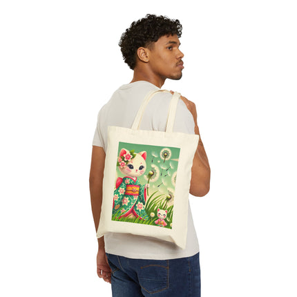Geisha Kitten and the Dandelion Wish Cotton Canvas Tote Bag – Gentle Wishes & Quiet Wonder
