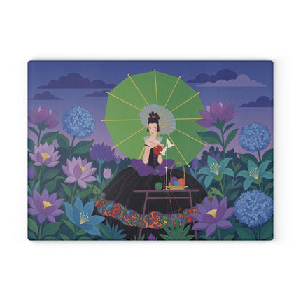 🧶🌸 The Lady Of The Lotus Threads Glass Cutting Board – Art Deco Floral Sewing Elegance
