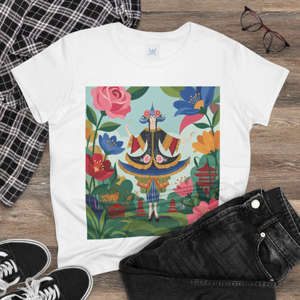 🌸🏯 The Pagoda Garden Enchantress Cotton Tee – Colorful Art Deco Fashion Fantasy