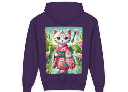 Geisha Kitten Strolls Among the Spoonbills Youth Heavy Blend Hooded Sweatshirt