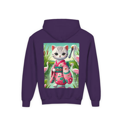 Geisha Kitten Strolls Among the Spoonbills Youth Hooded Sweatshirt – Graceful Nature & Whimsical Charm