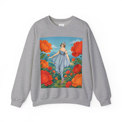 🌺🩵 The Poppy Hill Promenade Crewneck Sweatshirt – Art Deco Fashion Whimsy