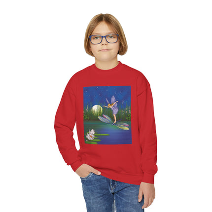 Fairy on a Dragonfly Youth Crewneck Sweatshirt – Enchanting Moonlit Fantasy