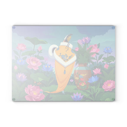 🌸✨ The Lady Of The Golden Garden Glass Cutting Board – Art Deco Floral Elegance