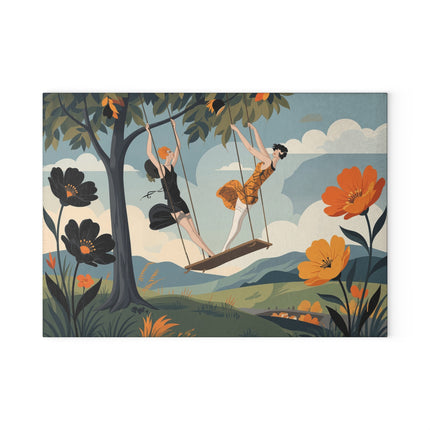 🌳🧡 The Ladies Of The Autumn Swing Glass Cutting Board – Art Deco Woodland Whimsy