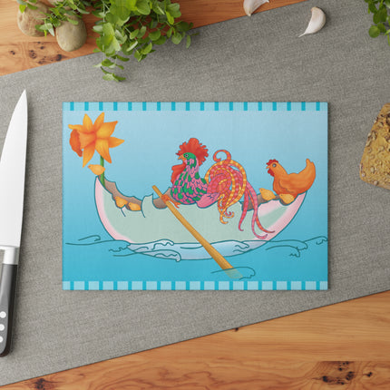 A Rooster's Seafaring Adventure Glass Cutting Board