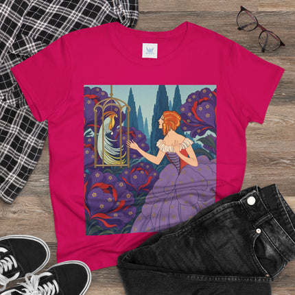 🦜💜 The Enchanted Birdcage Promenade Cotton Tee – Art Deco Floral Fantasy