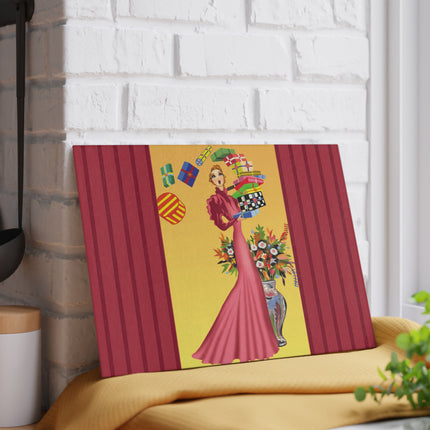 Elegant Holiday Woman with Gifts Glass Cutting Board