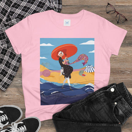 Beachside Promenade Women's Midweight Cotton Tee – Summer Glamour & Coastal Joy