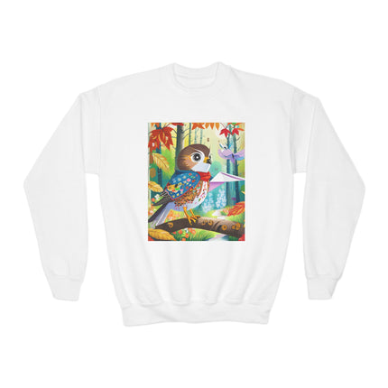 Baby Hawk Plays in Forest Youth Crewneck Sweatshirt – Woodland Wonder & Playful Discovery