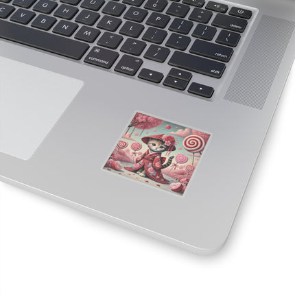 Whimsical Geisha Kitten in a Valentine Garden Kiss-Cut Stickers (4 Sizes)