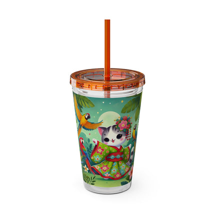 Parrot Dance of the Geisha Kitten Sunsplash Tumbler with Straw, 16oz