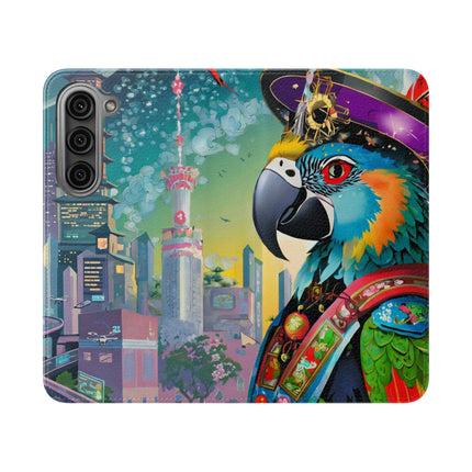 🦜⚡ Tech Plumes Flip Case – Neon Feathers & Futuristic Brilliance