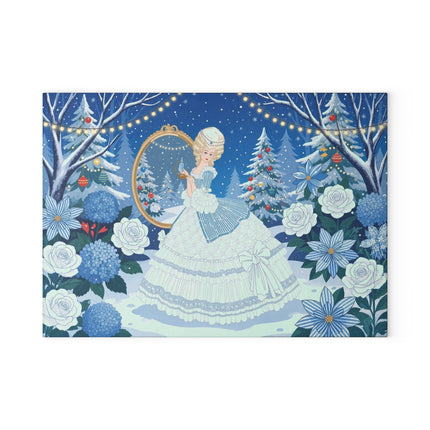 ❄️🌹 The Lady Of The Winter Rose Garden Glass Cutting Board – Art Deco Holiday Elegance