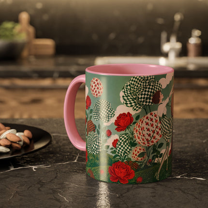 🌹💚 The Scarlet Rose Checkerboard Garden Colorful Mug – Art Deco Floral Whimsy