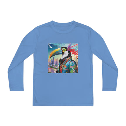 Cyber Toucan Chic Youth Long Sleeve Competitor Tee – Neon Feathers & Futuristic Style