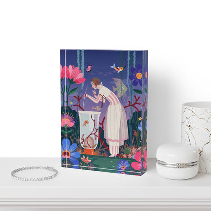 🐠🌸 The Lady Of The Enchanted Aquarium Acrylic Art Block – Art Deco Underwater Whimsy Description