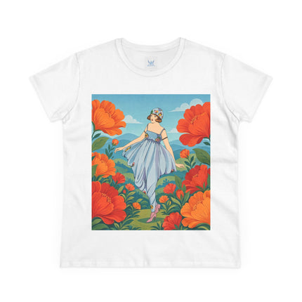 🌺🩵 The Poppy Hill Promenade Cotton Tee – Art Deco Fashion Whimsy