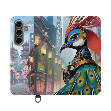🦚🌸 Techno Plumes Peacock Flip Case – Neon Elegance & Sakura Dreams