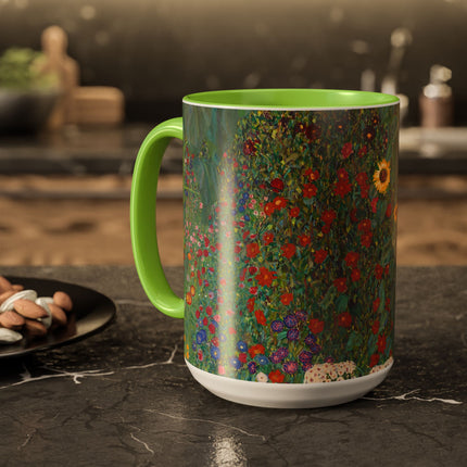 Farm Garden with Sunflowers by Gustav Klimt Colorful Mugs (11oz, 15oz)