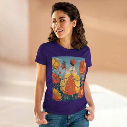 🧡🌼 The Golden Flower Promenade Cotton Tee – Art Deco Floral Elegance