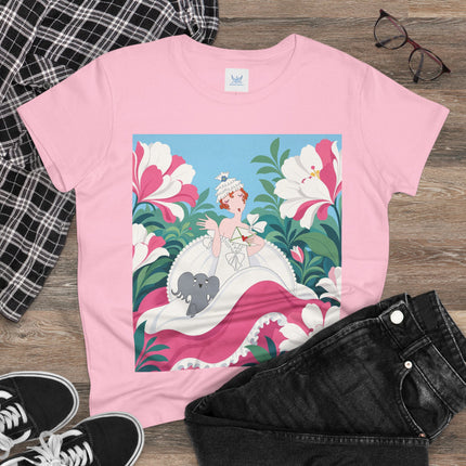 🌸🐘 The Pink Blossom Companion Cotton Tee – Art Deco Floral Whimsy
