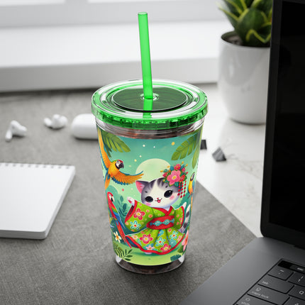 Parrot Dance of the Geisha Kitten Sunsplash Tumbler with Straw, 16oz