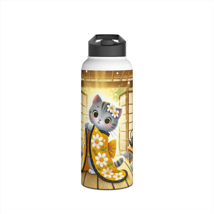 Playful Kitten in the Tea Room Stainless Steel Water Bottle, Standard Lid