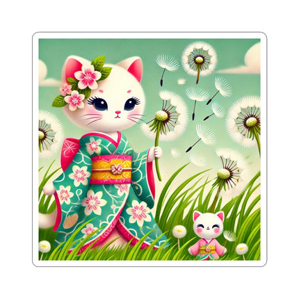 🌾🌼 Geisha Kitten and the Dandelion Wish Kiss-Cut Sticker – Gentle Wishes & Quiet Wonder