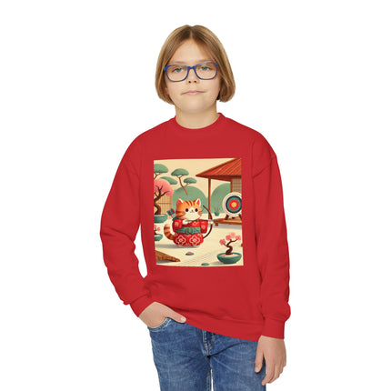 Archer Kitten in the Zen Garden Youth Crewneck Sweatshirt – Focus, Calm & Playful Precision