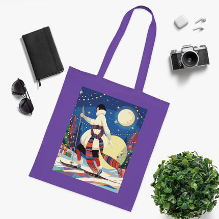 🎿🌙 The Moonlit Christmas Skier Cotton Tote Bag – Art Deco Holiday Adventure