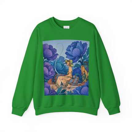 💙🌸 The Lady Among The Blue Blossoms Crewneck Sweatshirt – Art Deco Floral Reverie