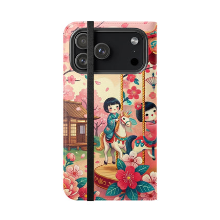 🎠🌸 Geisha Kitten's Enchanted Carousel Flip Case – Whimsical Dreams & Cherry Blossom Magic
