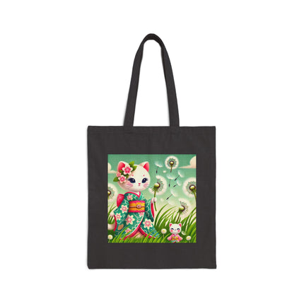 Geisha Kitten and the Dandelion Wish Cotton Canvas Tote Bag